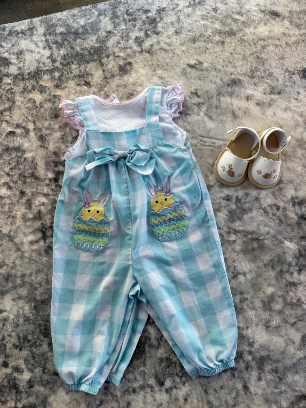 Good Lad Blue and White Gingham Overalls with Chick Applique
